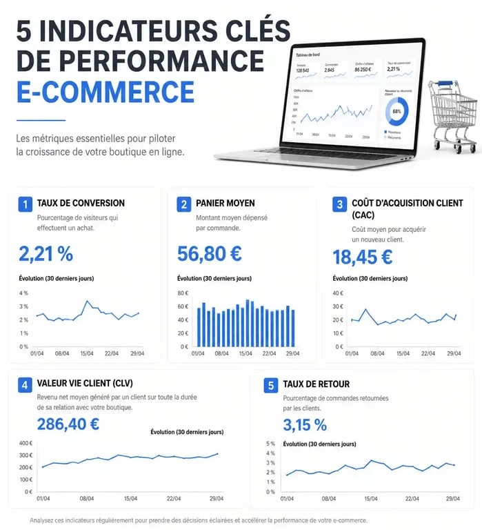 Infographie des 5 kpi e commerce essentiels pour piloter sa rentabilité