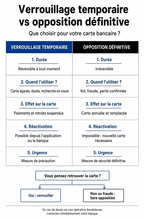 Infographie comparative : verrouillage temporaire vs opposition définitive de carte bancaire