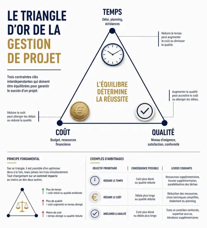 Infographie du triangle d'or de la chefferie de projet illustrant l'équilibre entre temps, coût et qualité.