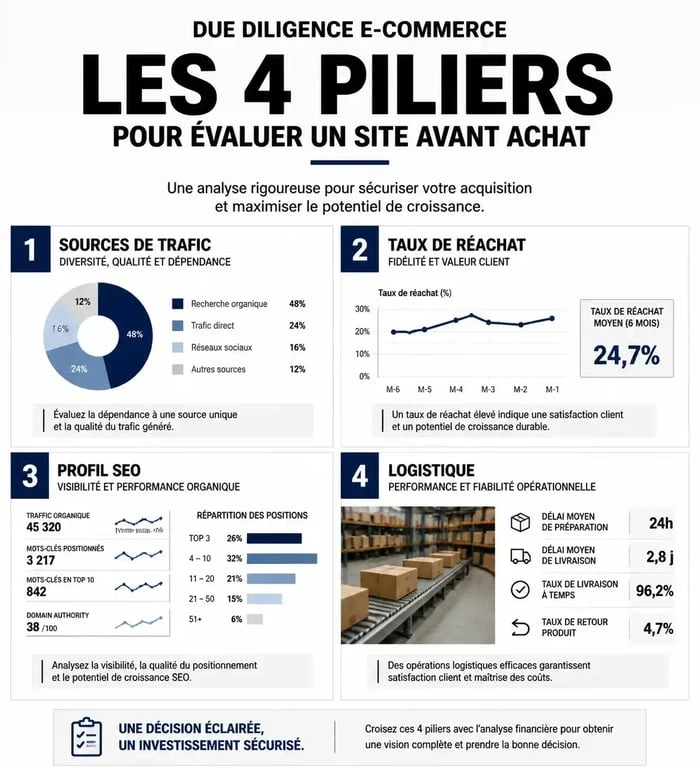 Infographie des indicateurs clés pour acheter un site e-commerce existant et réussir sa due diligence