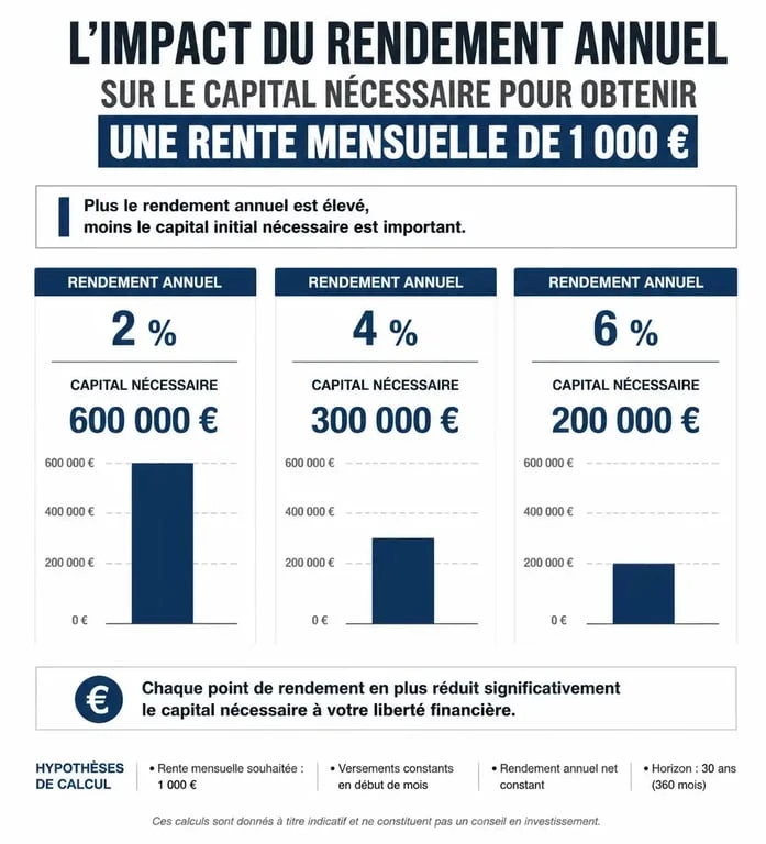 Infographie montrant le capital nécessaire pour une rente mensuelle de 1000 euros selon le rendement de votre placement