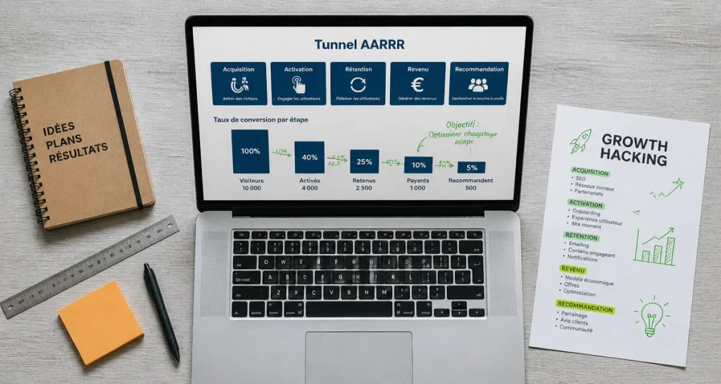 Formation growth hacking avec tunnel AARRR et graphique de conversion