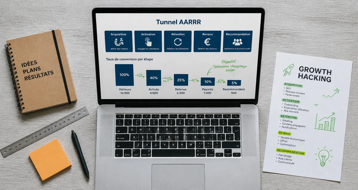 Formation growth hacking avec tunnel AARRR et graphique de conversion