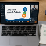 bureau avec ordinateur affichant logiciel webinaire