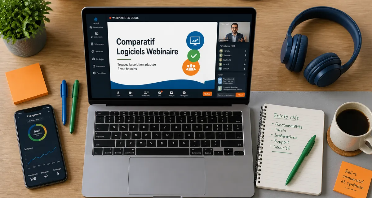 bureau avec ordinateur affichant logiciel webinaire