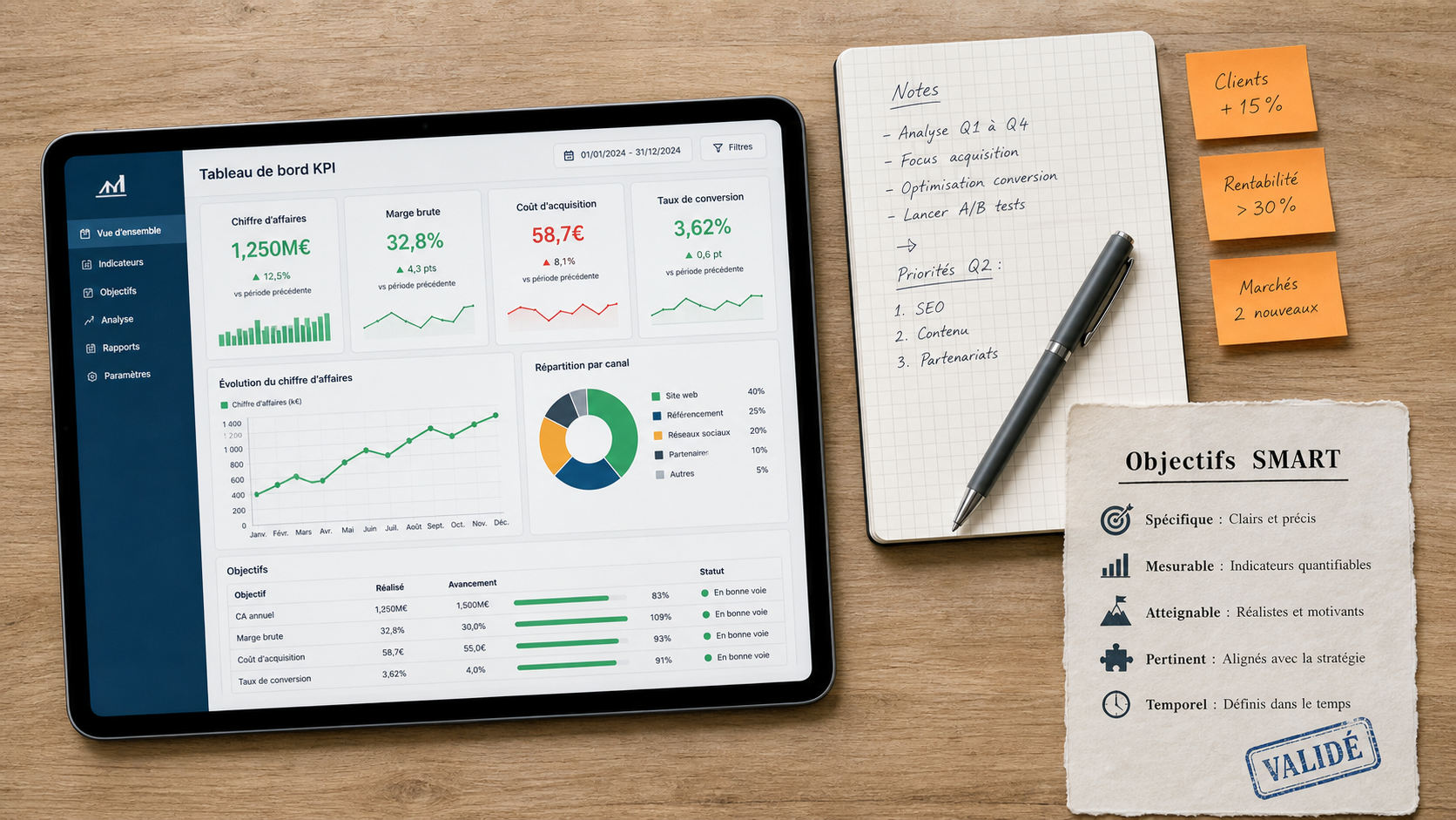 Management tableau de bord : tablette KPI, objectifs SMART, 4 étapes sans micro-management