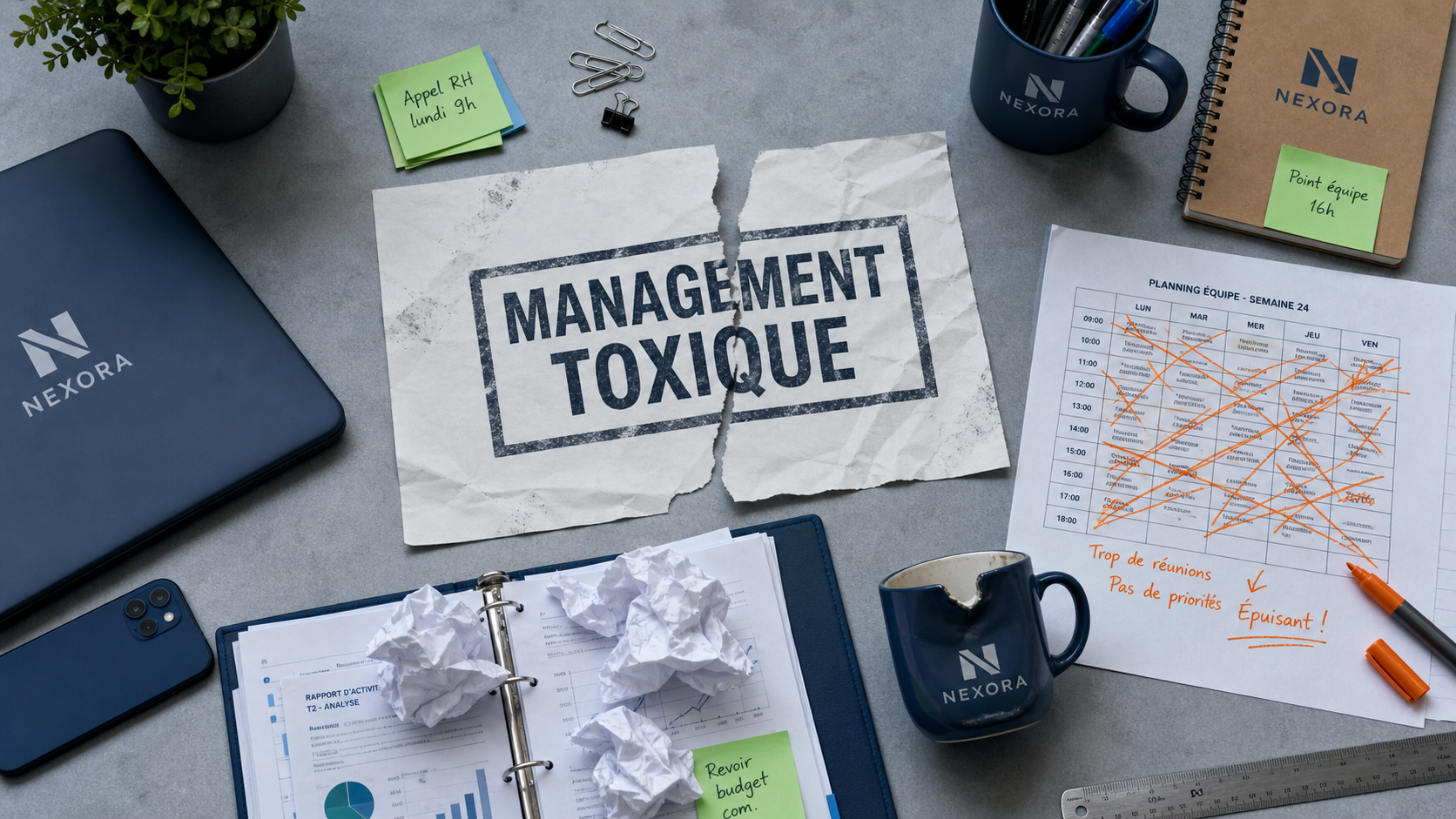 Management toxique exemple : bureau et affiche “MANAGEMENT TOXIQUE”