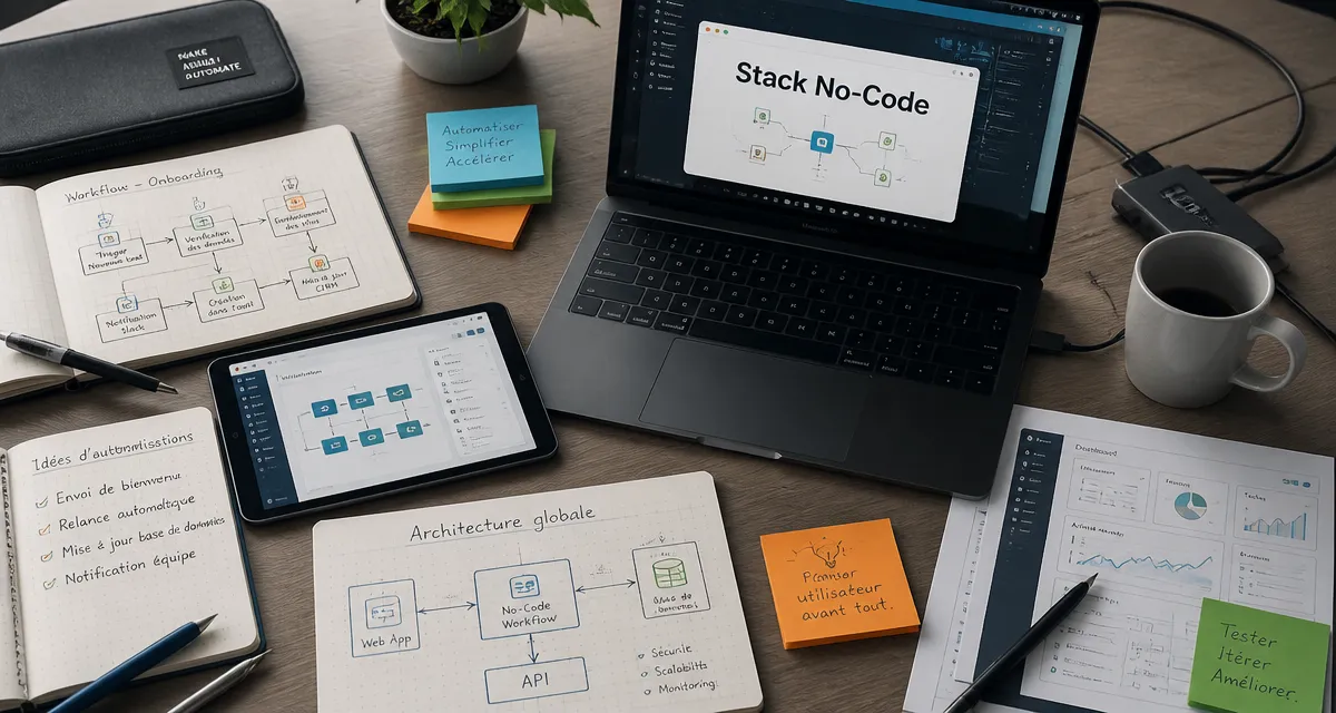 Outils no code sur bureau moderne avec workflow