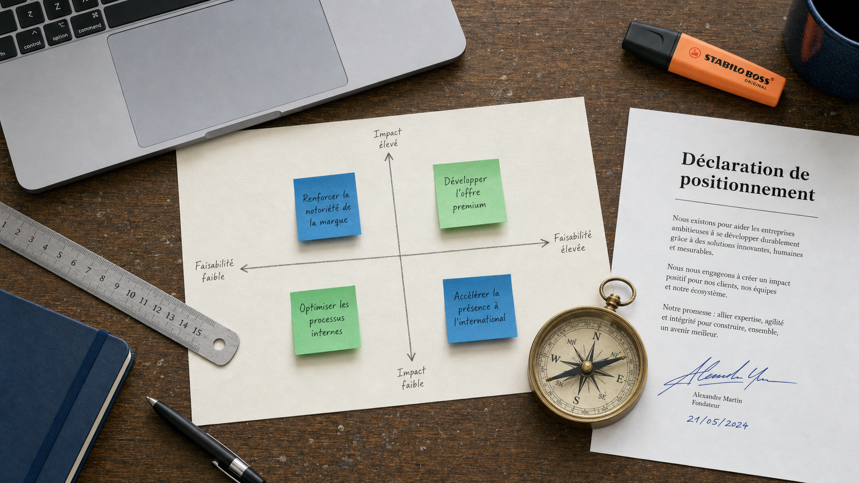 Positionnement d une entreprise : mapping bureau, post-it et boussole