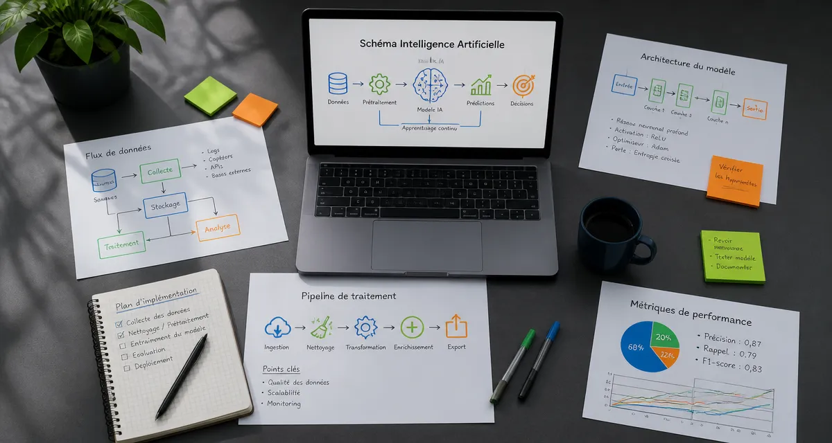 schéma intelligence artificielle stylisé sur bureau