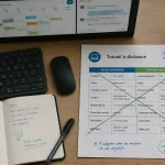 Travail en ligne à domicile : bureau, clavier, notes et métiers à distance