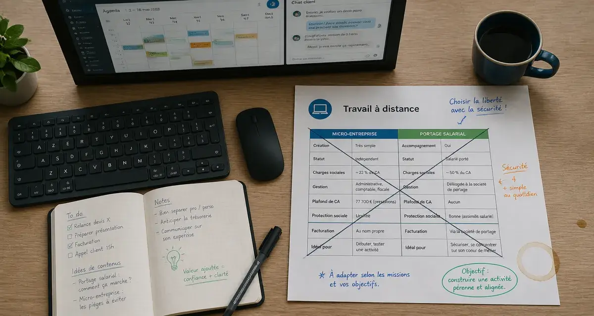 Travail en ligne à domicile : bureau, clavier, notes et métiers à distance