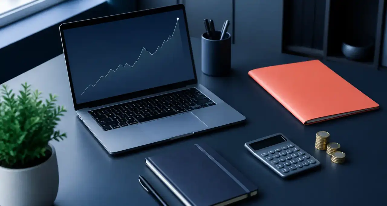 Bureau organisé avec ordinateur portable, calculatrice, carnet et pièces pour piloter budget et projets