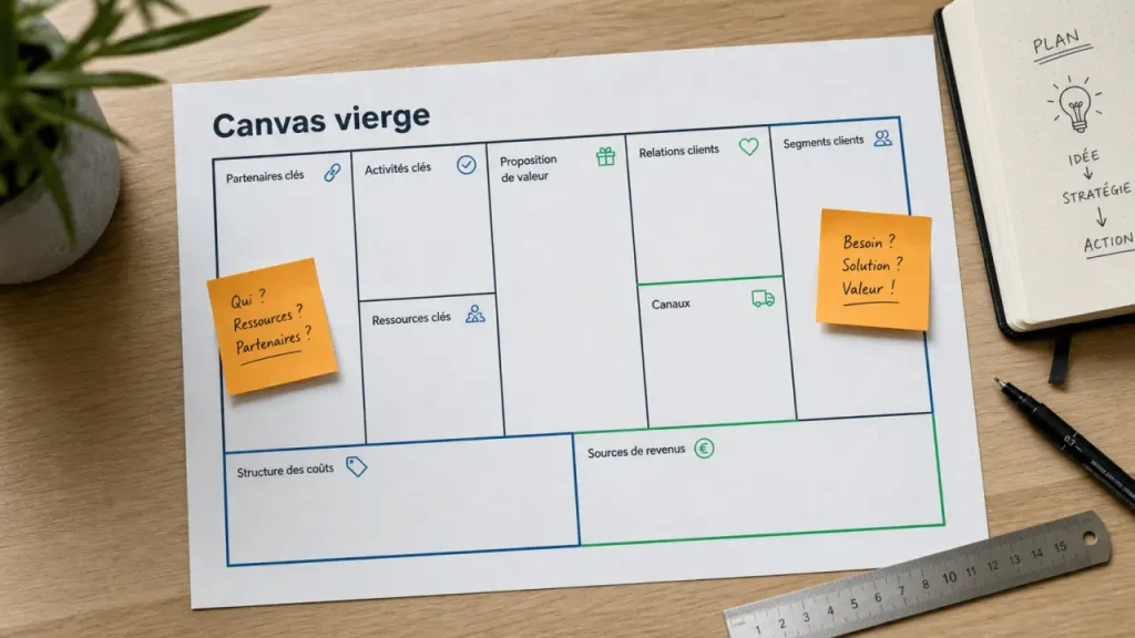 Business model canvas vierge : 9 blocs à remplir dans le bon ordre