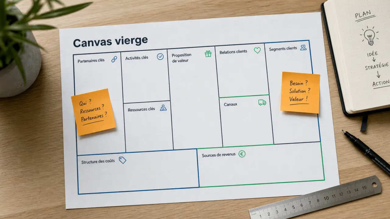 Business model canvas vierge avec 9 blocs à remplir
