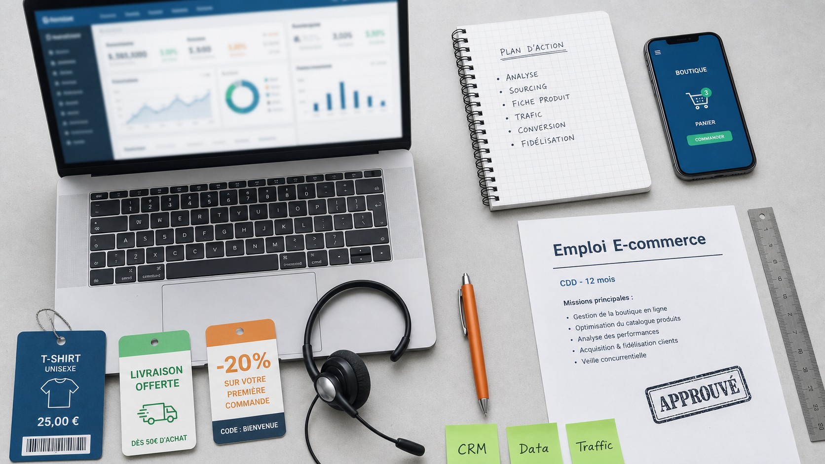 Emploi e commerce : métiers et contrats, tableau e-commerce sur ordinateur