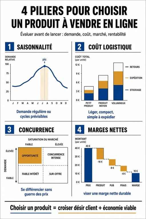 Infographie sur les critères essentiels pour choisir quoi vendre en ligne et réussir son e-commerce