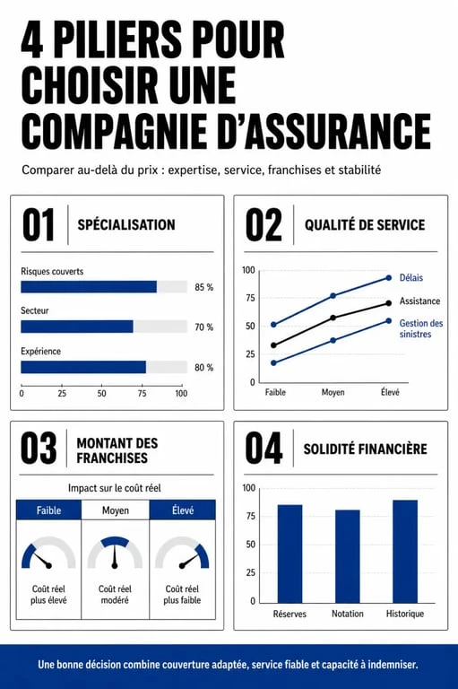 Infographie des critères de choix d'une compagnie d'assurance : spécialisation, service client, franchises et solidité financière.