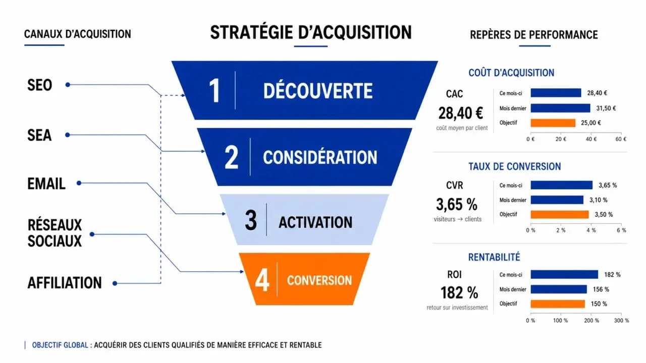 Stratégie d acquisition marketing avec funnel, canaux d’acquisition et indicateurs de rentabilité