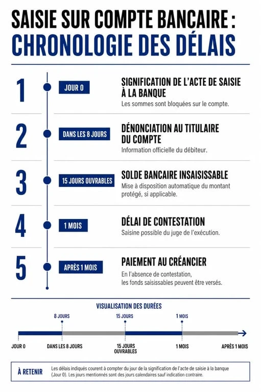 Infographie des étapes et délais d'une procédure de saisie sur compte bancaire