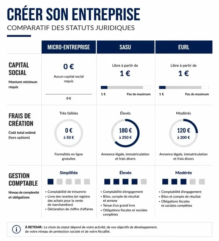 Comparatif des statuts juridiques pour monter son entreprise sans argent