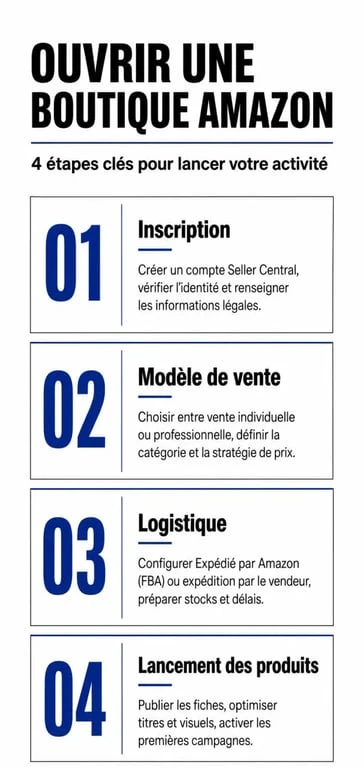 Infographie des étapes pour ouvrir une boutique Amazon et réussir son lancement sur la marketplace.
