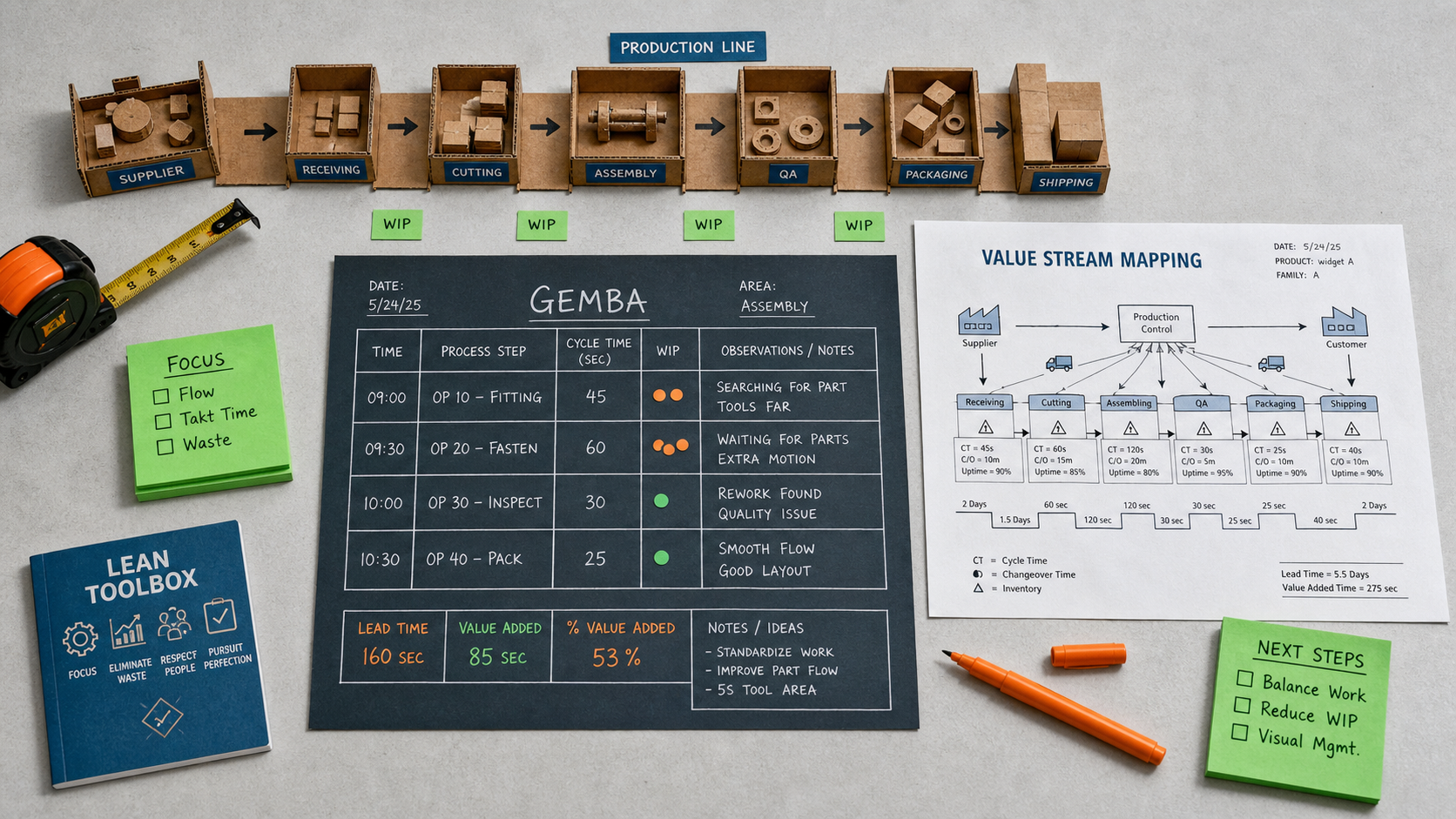 Management lean manufacturing : gemba, kanban et réduction des gaspillages sans rigidité