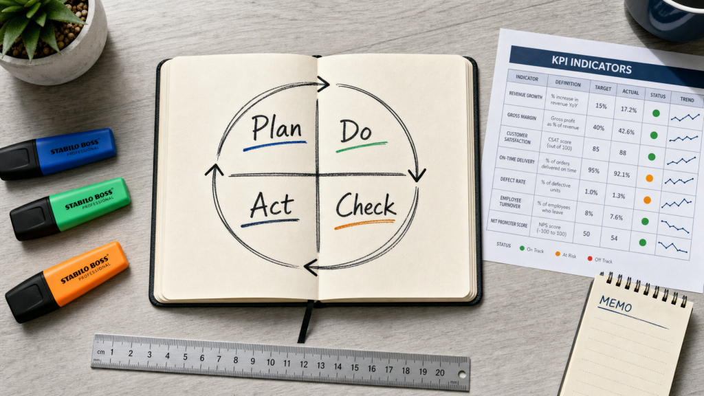 La roue de deming PDCA Plan Do Check Act sur un carnet