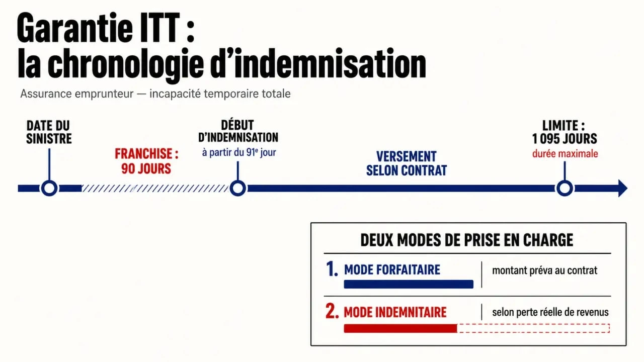 ITT assurance emprunteur : frise visuelle du délai de franchise, du début d’indemnisation et des modes forfaitaire ou indemnitaire