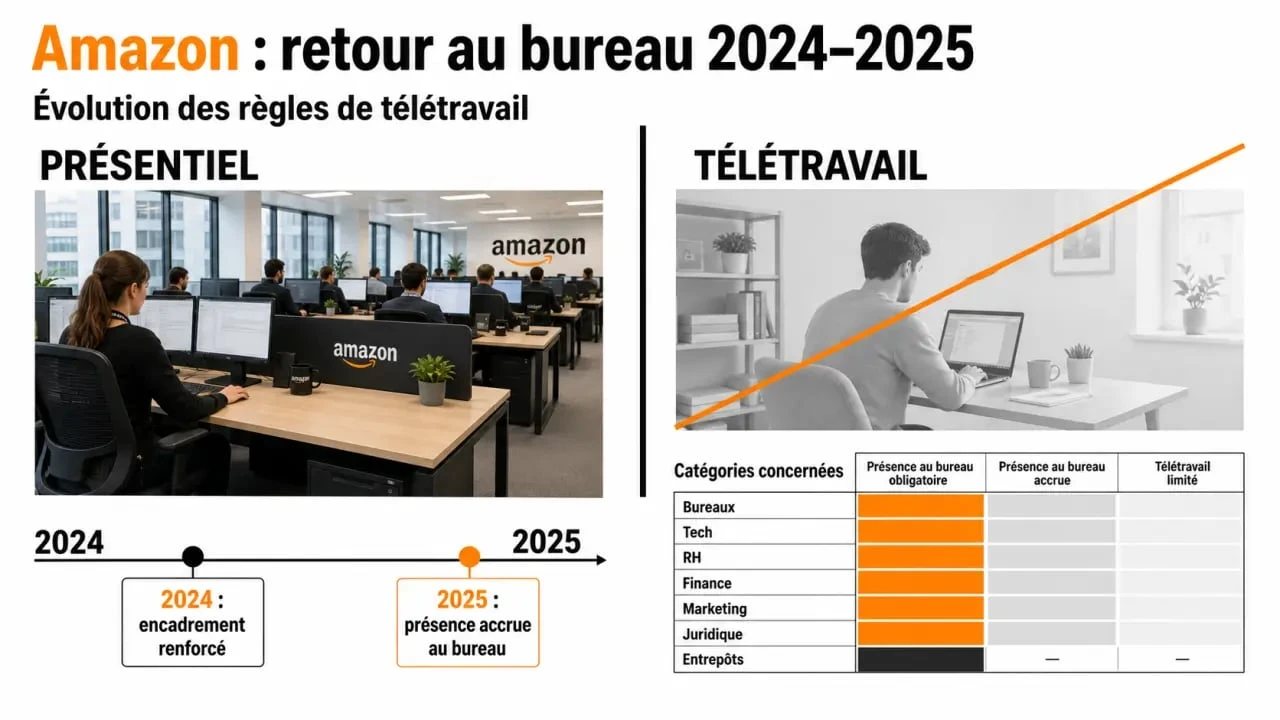 Télétravail Amazon : visuel éditorial comparant présentiel et travail à distance