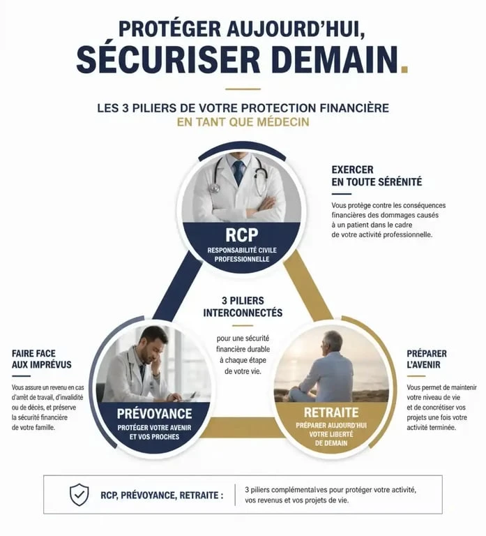 Les trois piliers de l'assurance médecin libéral : RCP, prévoyance et retraite