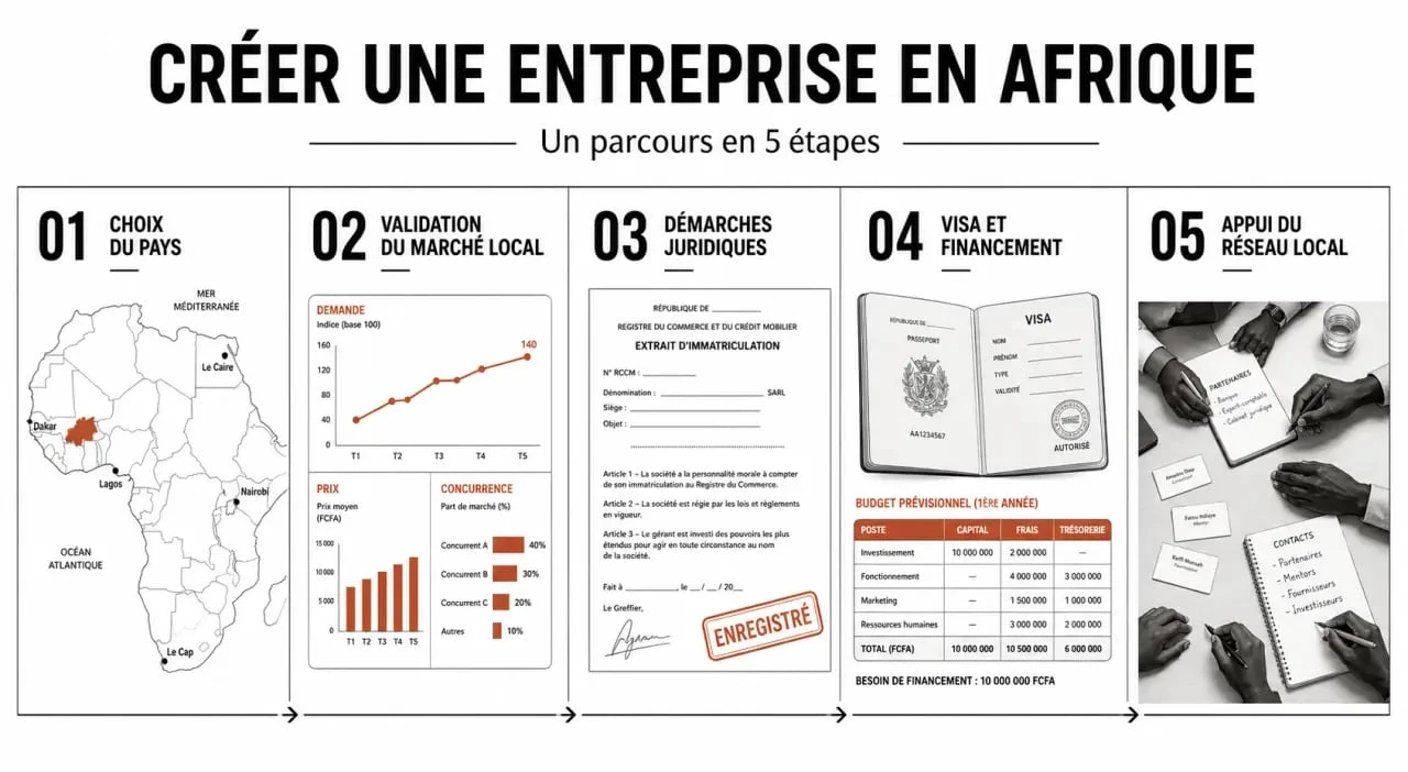 Créer son entreprise en Afrique : schéma des étapes clés pour choisir un pays, valider l’idée et sécuriser les démarches