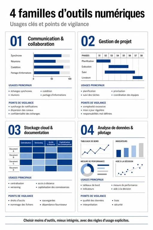 Infographie sur les outils numériques et leurs 4 grandes familles