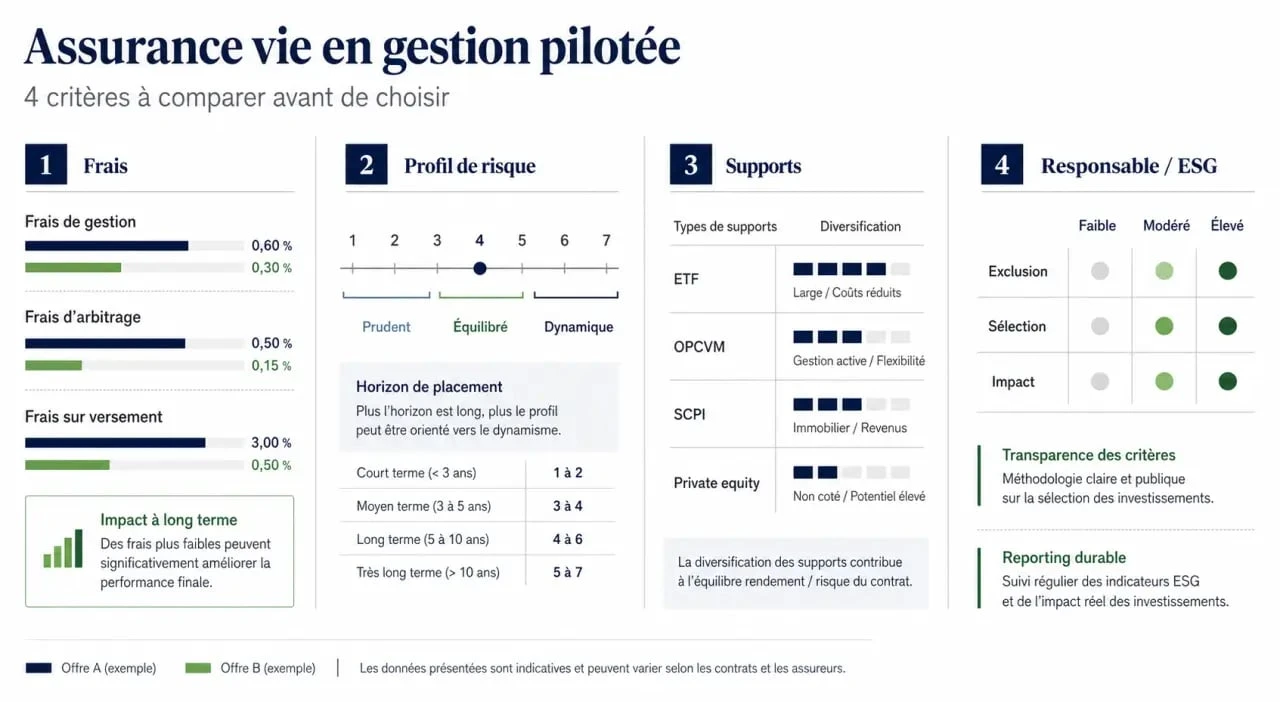 Meilleur assurance vie gestion pilotée : comparatif visuel des frais, profils de risque et supports