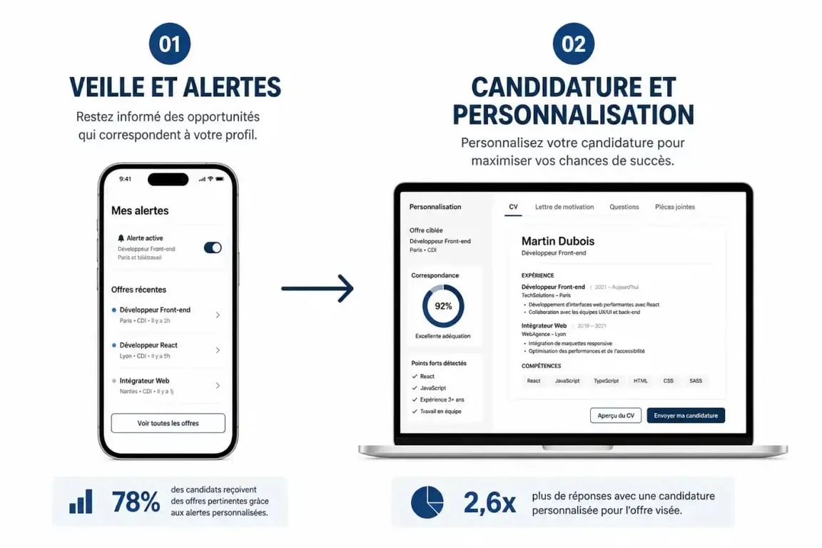 Infographie illustrant la stratégie de recherche emploi application : utiliser le mobile pour la veille et l'ordinateur pour postuler.