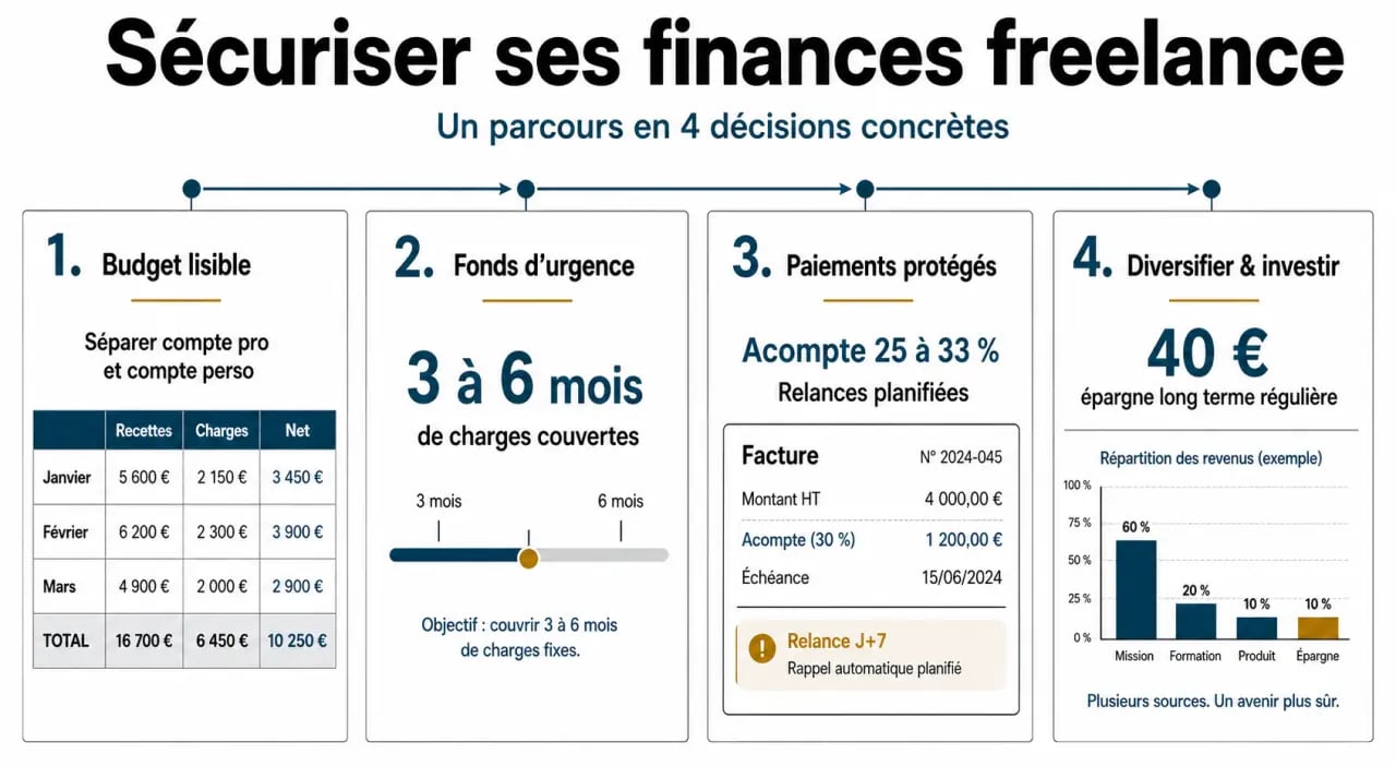 Comment sécuriser la pérennité financière de son activité de freelance : infographie sur budget, fonds d’urgence, paiements clients et diversification