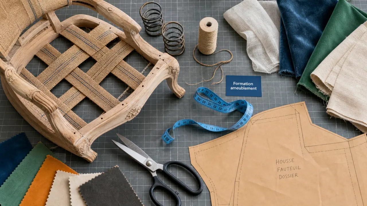 Formation ameublement decoration en atelier : fauteuil ancien et outils de tapissier