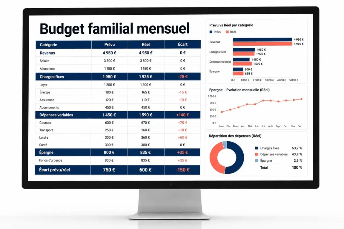 Tableau excel budget familial gratuit avec revenus, charges fixes, dépenses variables et épargne mensuelle