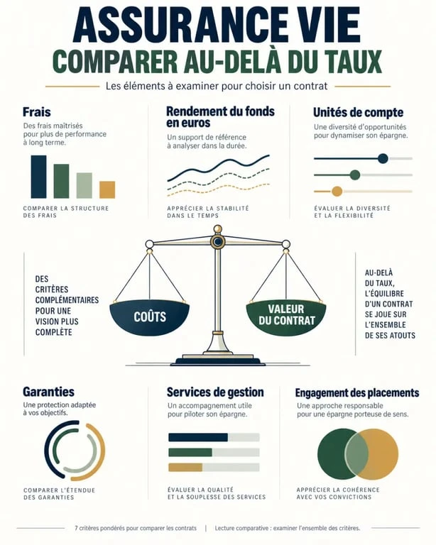 Infographie du comparatif assurance vie UFC-Que Choisir et de ses 7 critères d’évaluation