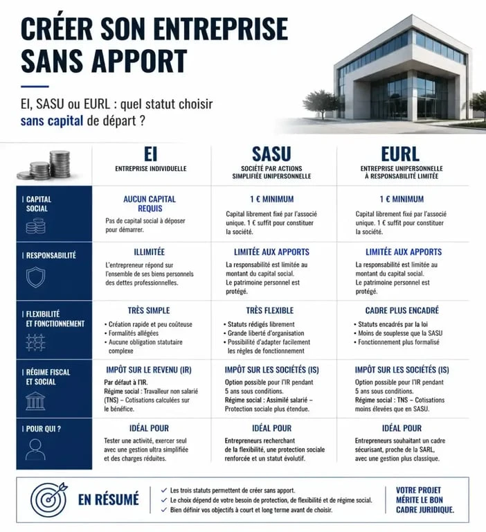 Comparatif des statuts juridiques pour créer une entreprise sans apport