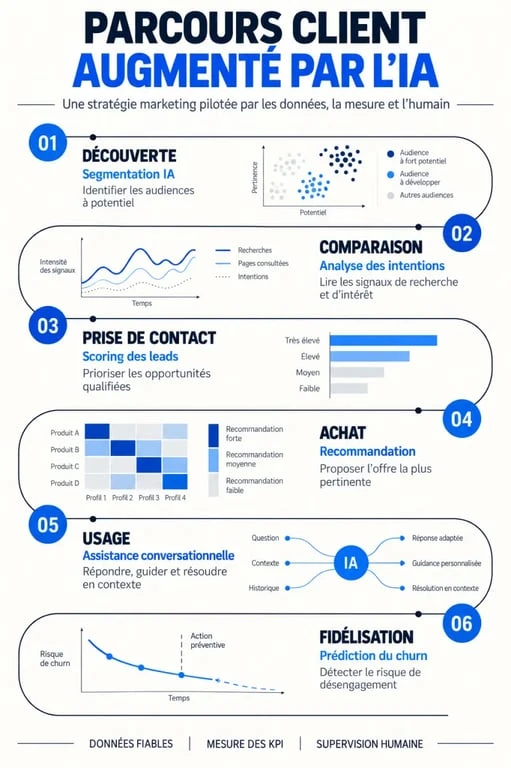 Infographie d’une stratégie marketing intelligence artificielle appliquée au parcours client