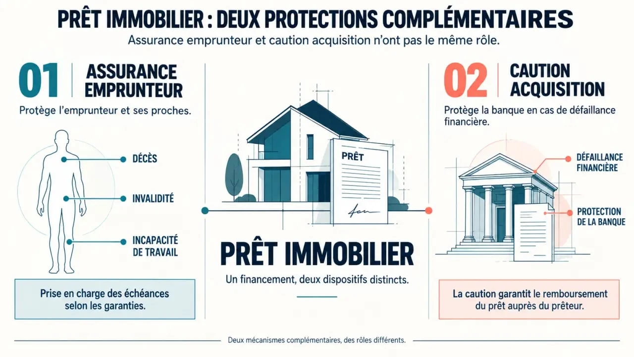 Infographie sur l’assurance MGEN prêt immobilier et la différence entre assurance emprunteur et caution acquisition