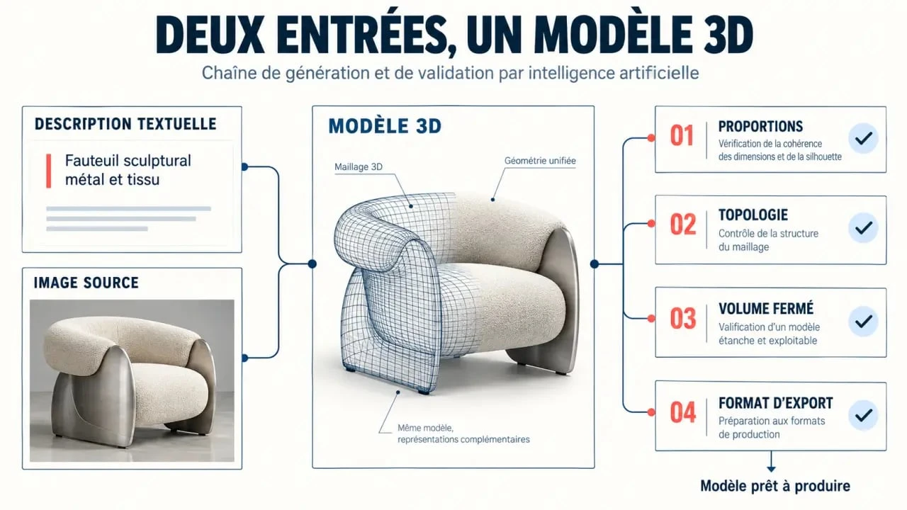 Infographie sur l’intelligence artificielle 3D, de la description ou de l’image source jusqu’à la validation du modèle