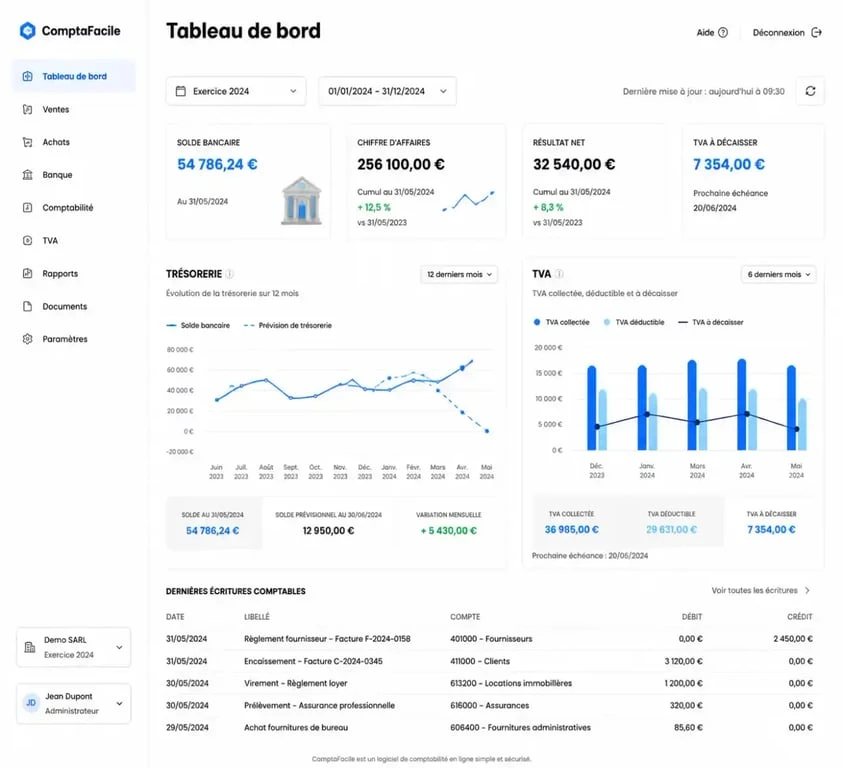Tableau de bord d'un logiciel de comptabilité simple pour entrepreneur
