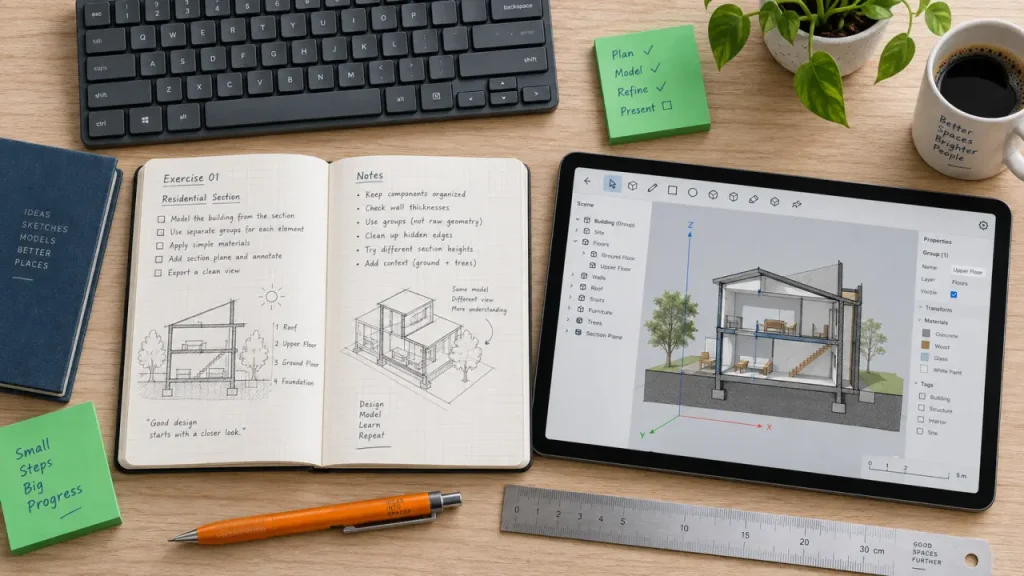 Une formation SketchUp en ligne doit mener à un projet 3D propre et exploitable